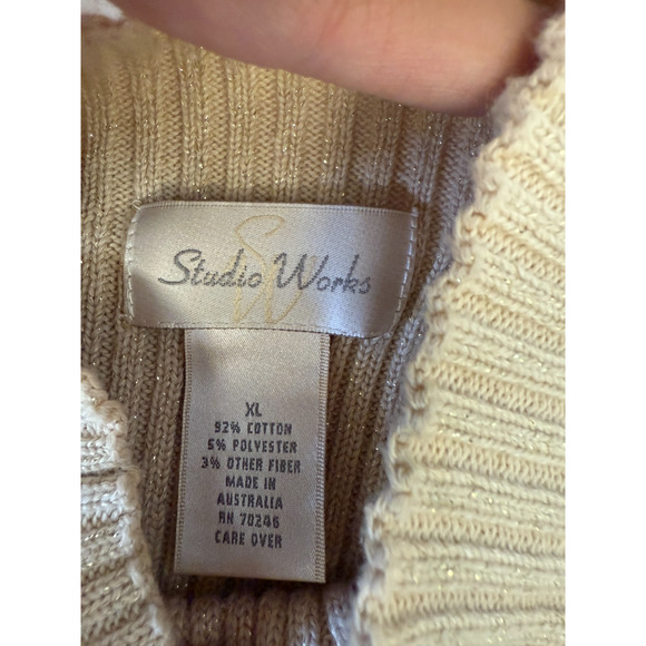 VTG Studio Works Y2K Cream Turtleneck Sweater Ribbed M Metallic Preppy Coquette - Picture 4 of 8